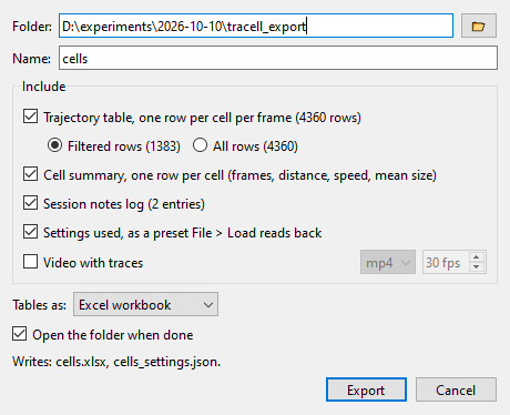 Export dialog